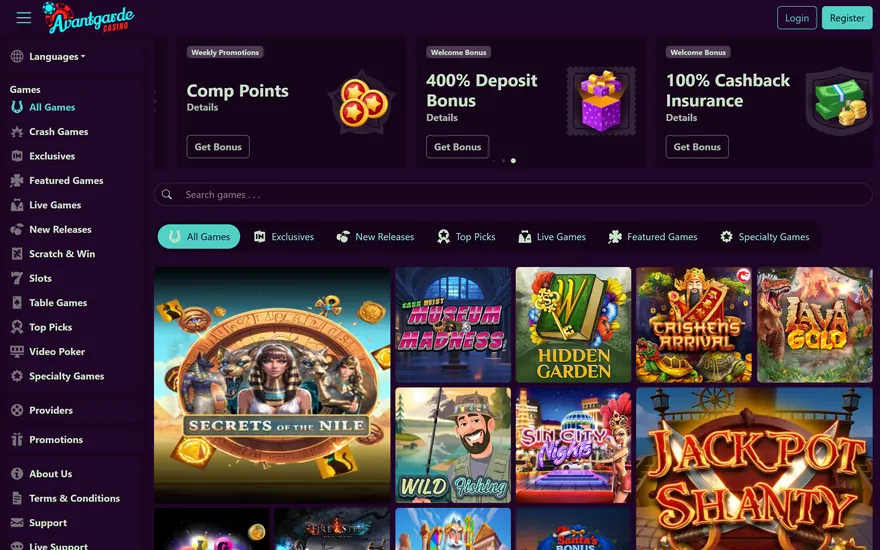 Avantgarde Casino’s main page in dark violet and turquoise: the red and turquoise Avantgarde Casino script logo at top left, Login and Register at top right, the games menu down the left side, a row of promotion cards, a search bar, game category tabs and a grid of slot tiles