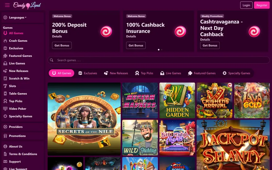 Candyland’s main page in deep plum and pink: the Candy Land script logo at top left, Login and Register at top right, the games menu down the left side, a row of promotion cards with swirl lollipops, a search bar, game category tabs and a grid of slot tiles