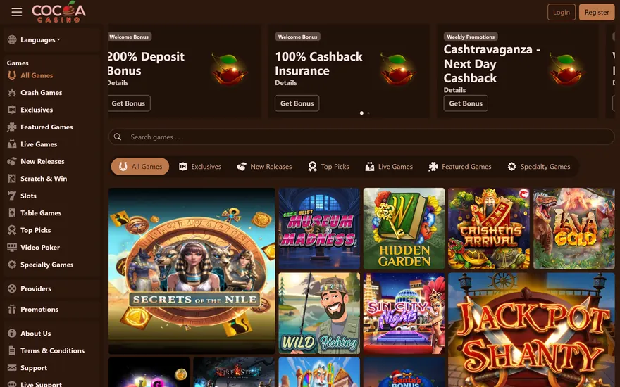 Cocoa Casino homepage in dark chocolate brown: the Cocoa Casino logo with a cherry at top left, Login and Register buttons, a games menu down the left side, promotion cards, a search bar, game category tabs and a grid of slot tiles
