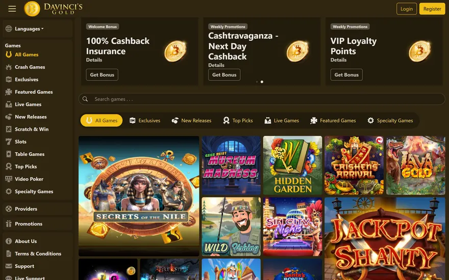 DaVinci’s Gold homepage in dark brown and gold: the DaVinci’s Gold logo with a gold coin at top left, Login and Register buttons, a games menu down the left side, promotion cards, a search bar, game category tabs and a grid of slot tiles