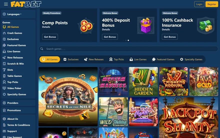 FatBet’s main page in navy and amber: the amber and white FatBet wordmark at top left, Login and Register at top right, the games menu down the left side, a row of promotion cards, a search bar, game category tabs and a grid of slot tiles