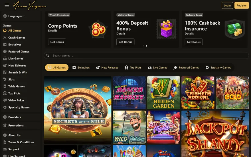 NewVegas’s main page in near-black and gold: the gold New Vegas script logo at top left, gold-outlined Login and Register buttons at top right, the games menu down the left side, a row of promotion cards, a search bar, game category tabs and a grid of slot tiles