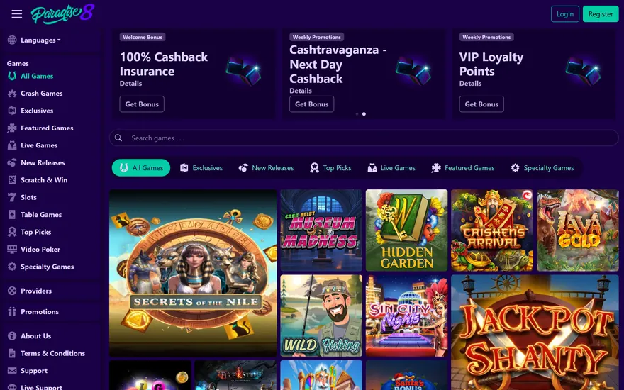 Paradise 8 homepage in deep purple with teal buttons: the Paradise 8 logo at top left, Login and Register buttons, a games menu down the left side, promotion cards, a search bar, game category tabs and a grid of slot tiles