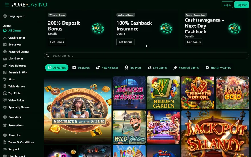 Pure Casino’s main page in black and emerald green: the Pure Casino wordmark at top left, Login and Register at top right, the games menu down the left side, a row of promotion cards with green chips, a search bar, game category tabs and a grid of slot tiles