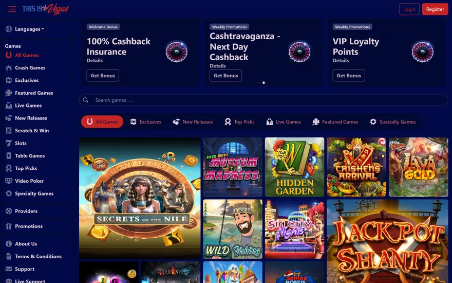 This is Vegas homepage in navy and red: the This Is Vegas logo at top left, Login and Register buttons, a games menu down the left side, promotion cards, a search bar, tabs such as All Games and Live Games, and a grid of slot tiles