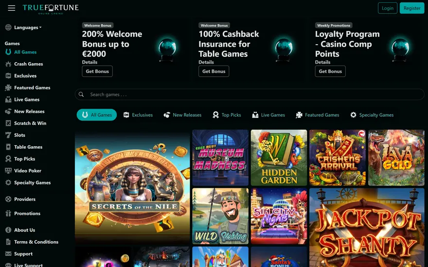 True Fortune’s main page in black and teal: the True Fortune Online Casino wordmark at top left, Login and Register at top right, the games menu down the left side, a row of promotion cards with crystal balls, a search bar, game category tabs and a grid of slot tiles